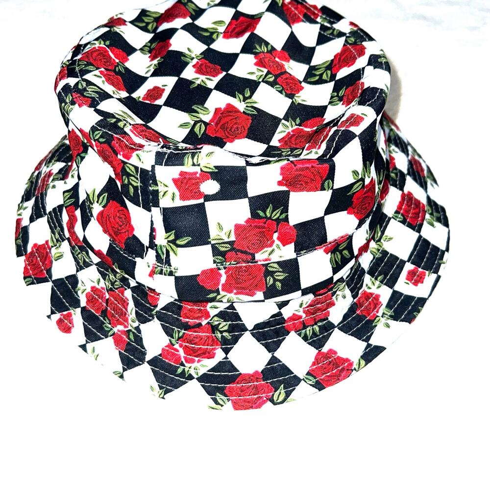 Black White Checkerboard Rose Print Y2K Grunge Alt Bucket Hat One Size